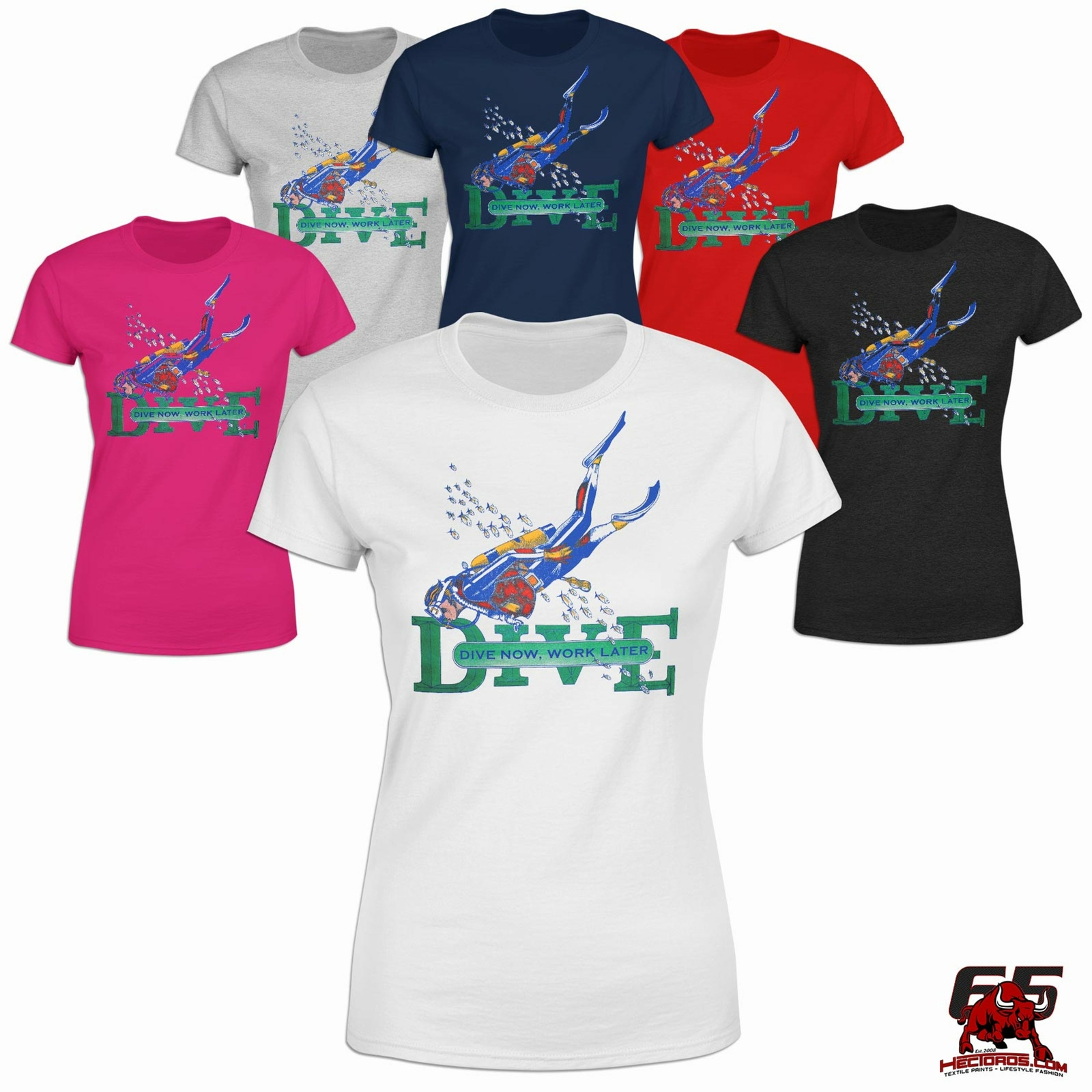 T-Shirt Taucherin Scuba Diver, Dive Now Work Later Damen Tauchshirt