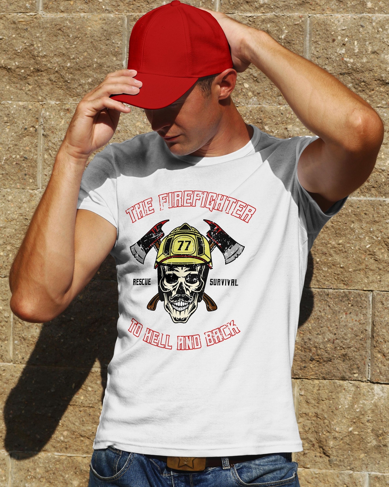 T-Shirt Firefighter Skull Feuerwehr Totenkopf Rettungsdienst. Weiss bis 5XL