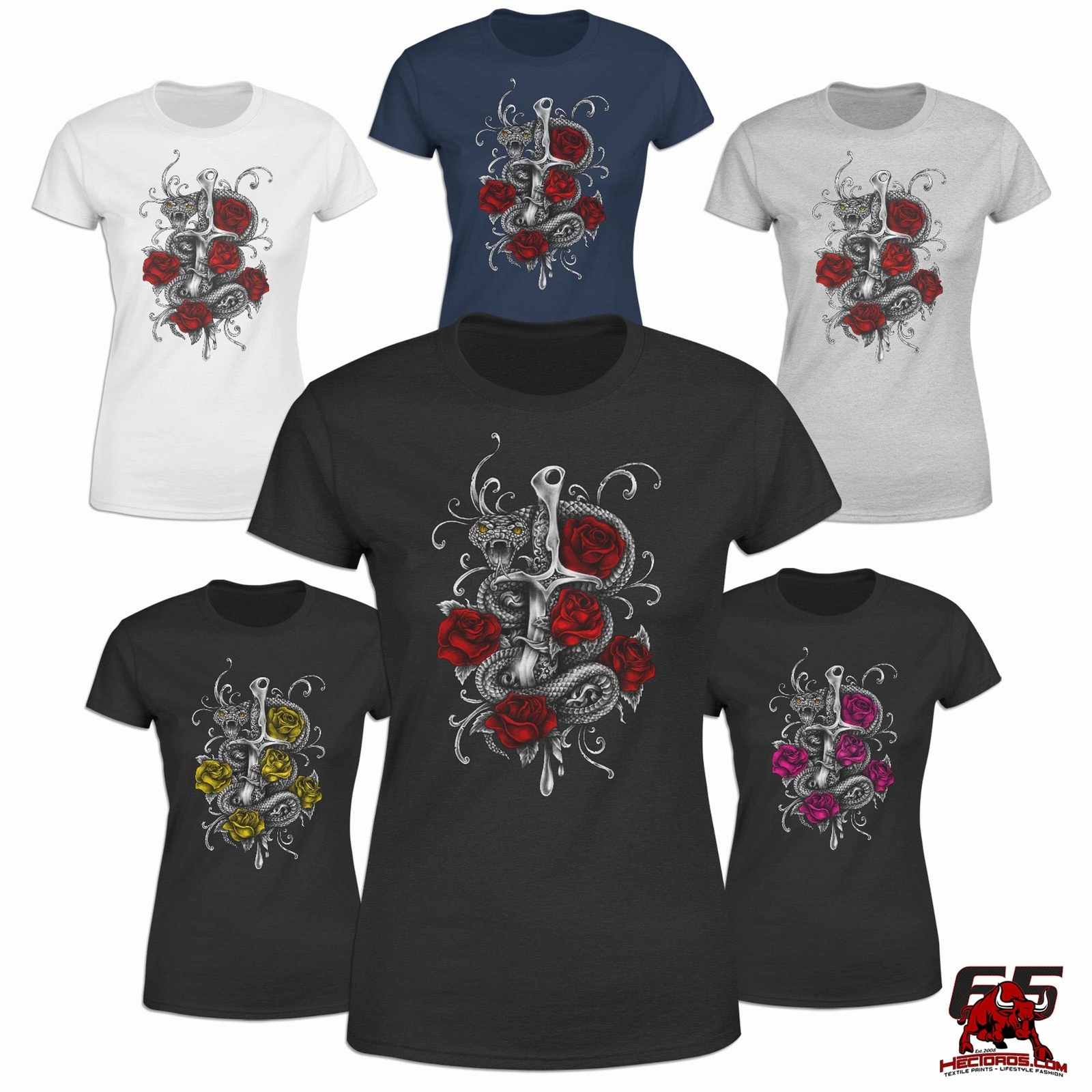 T-Shirt Dagger Snake Damen Schlange Degen Schwert Dolch Rosen